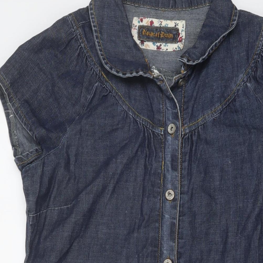 House Of Denim Womens Blue Cotton A-Line Size 14 Collared Button
