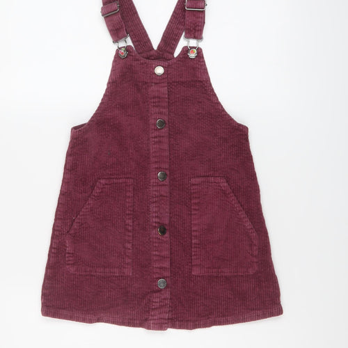 NEXT Girls Purple Cotton Pinafore/Dungaree Dress Size 7 Years Square Neck Buckle