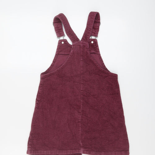 NEXT Girls Purple Cotton Pinafore/Dungaree Dress Size 7 Years Square Neck Buckle