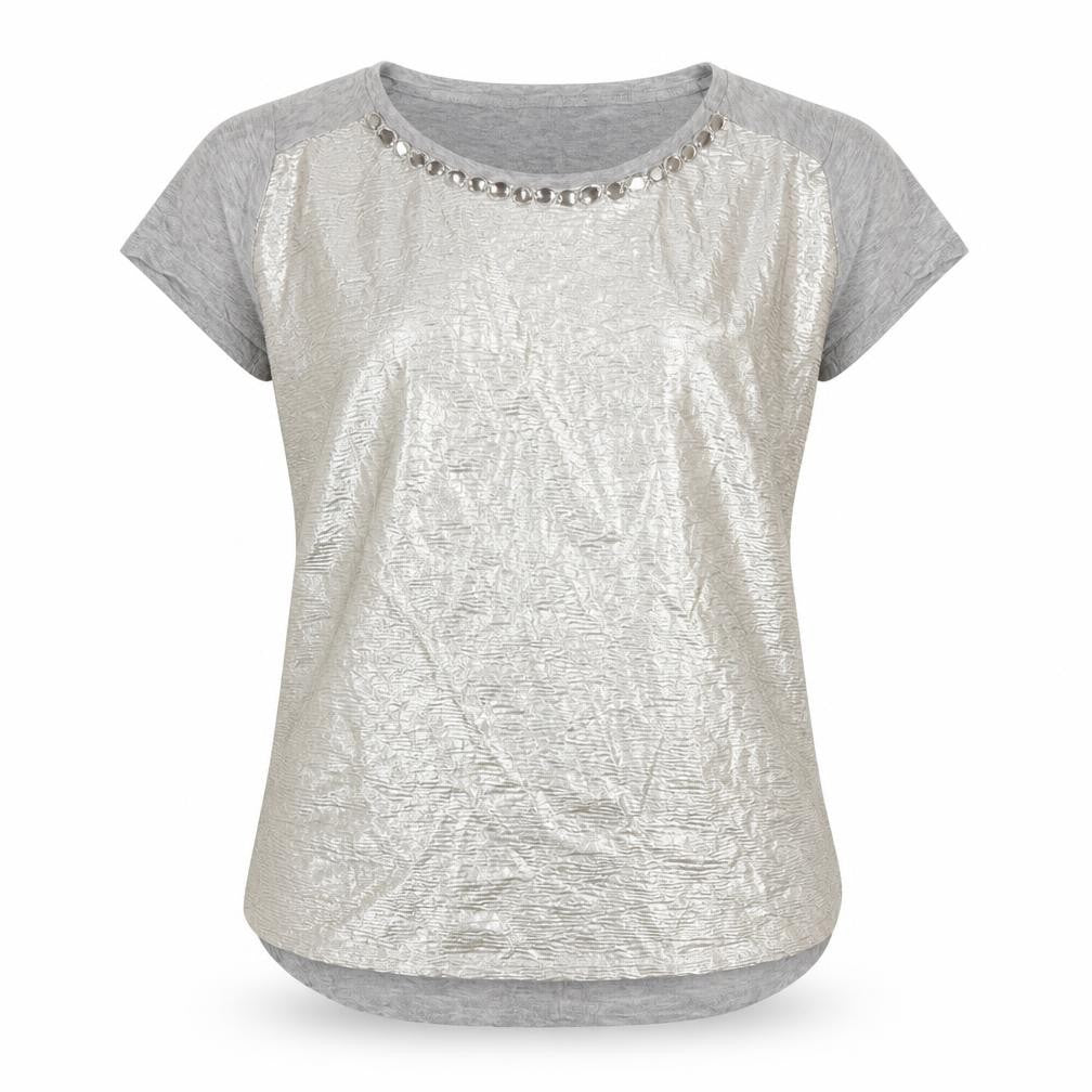 Front view of Monsoon girls’ grey polyester basic t-shirt, size 12-13, years round neck pullover