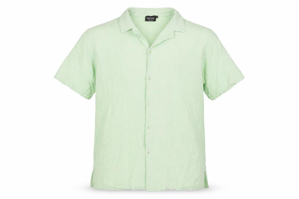 Front view of Boohoo men’s green viscose button-up, size XL, collared button