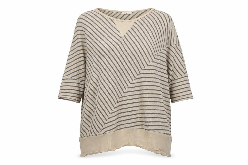 Front view of MOTH women’s beige round neck striped viscose jumper, size XS