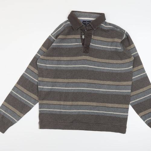 Blue Harbour Mens Brown Striped Cotton Polo Size M Collared Button