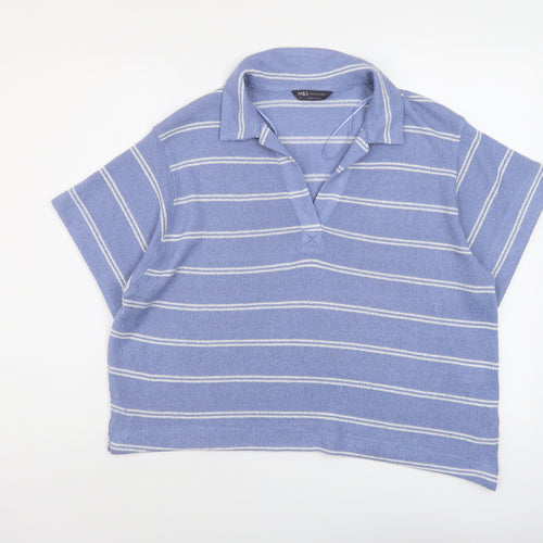 Marks and Spencer Womens Blue Collared Striped Polyester Pullover Jumper Size 18
