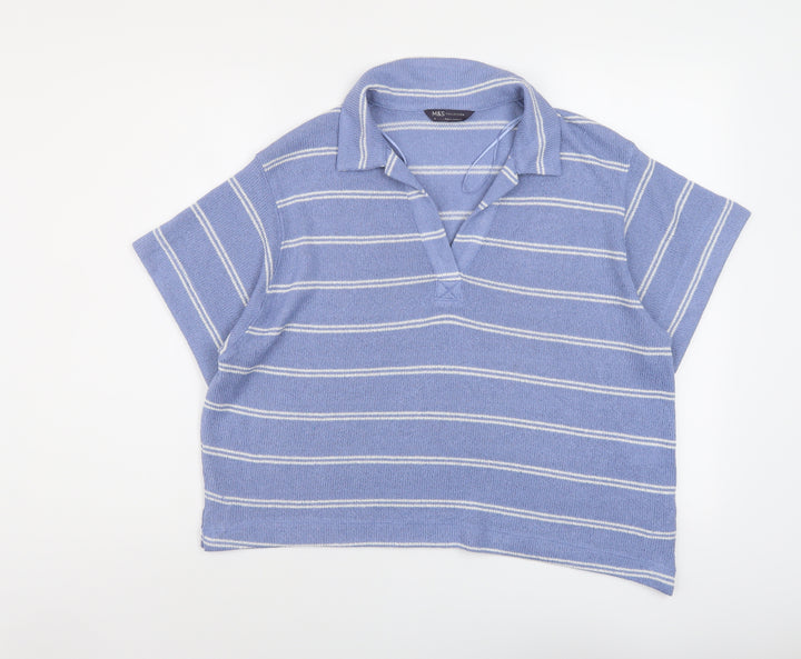Marks and Spencer Womens Blue Collared Striped Polyester Pullover Jumper Size 18