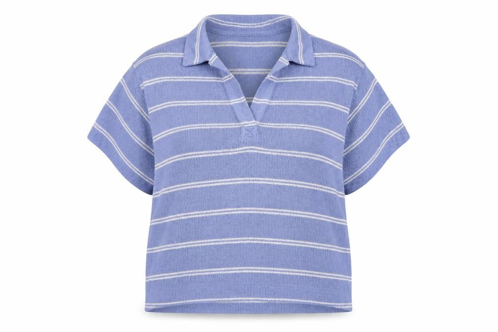 Front view of Marks & Spencer women’s blue collared striped polyester jumper, size UK 18