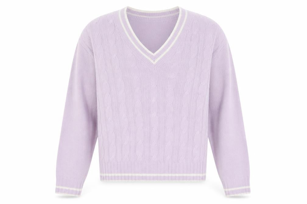 Front view of H&M men’s purple v-neck acrylic jumper, size L, long sleeve