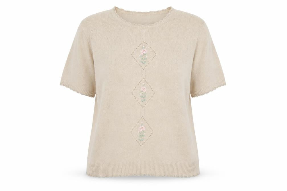 Front view of Berkertex women’s beige round neck acrylic jumper, size UK 18