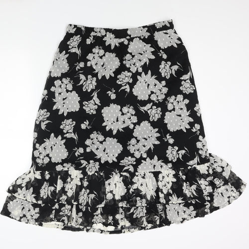 Marks and Spencer Womens Black Floral Polyester A-Line Skirt Size 14 - Frill Hem