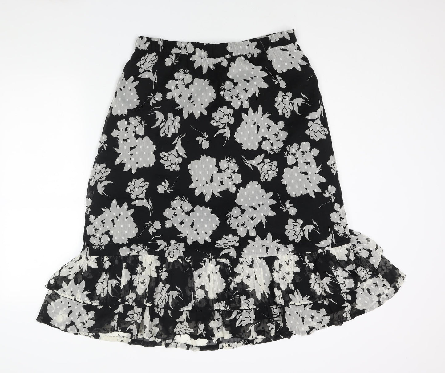 Marks and Spencer Womens Black Floral Polyester A-Line Skirt Size 14 - Frill Hem