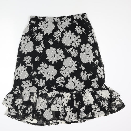 Marks and Spencer Womens Black Floral Polyester A-Line Skirt Size 14 - Frill Hem