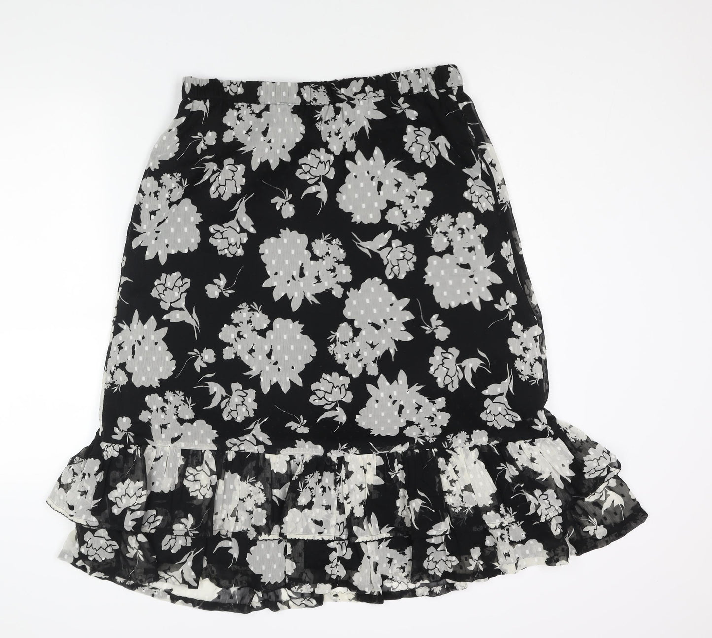 Marks and Spencer Womens Black Floral Polyester A-Line Skirt Size 14 - Frill Hem