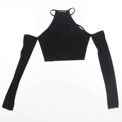 PRETTYLITTLETHING Womens Black Polyester Cropped Blouse Size 4 Round Neck - Cut Out Cold Shoulder