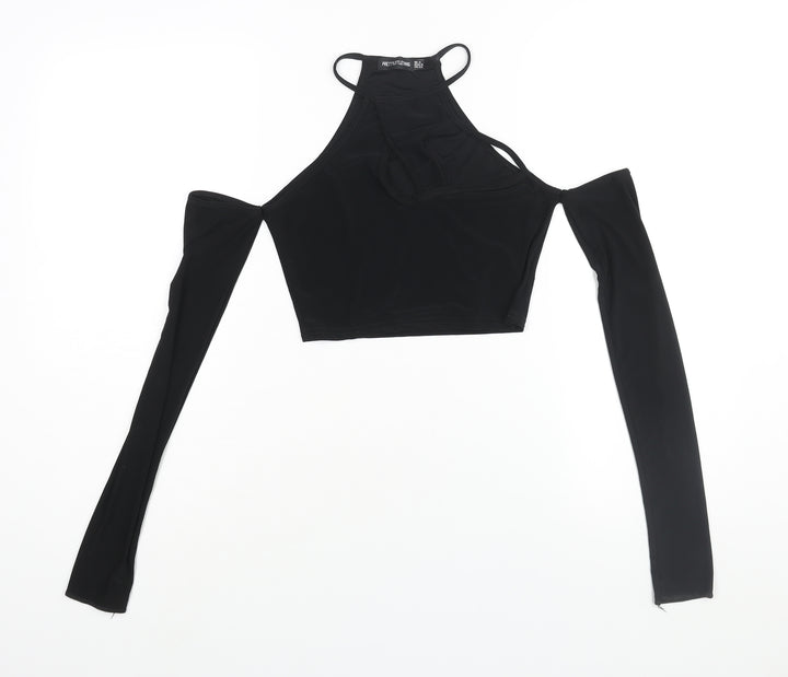 PRETTYLITTLETHING Womens Black Polyester Cropped Blouse Size 4 Round Neck - Cut Out Cold Shoulder