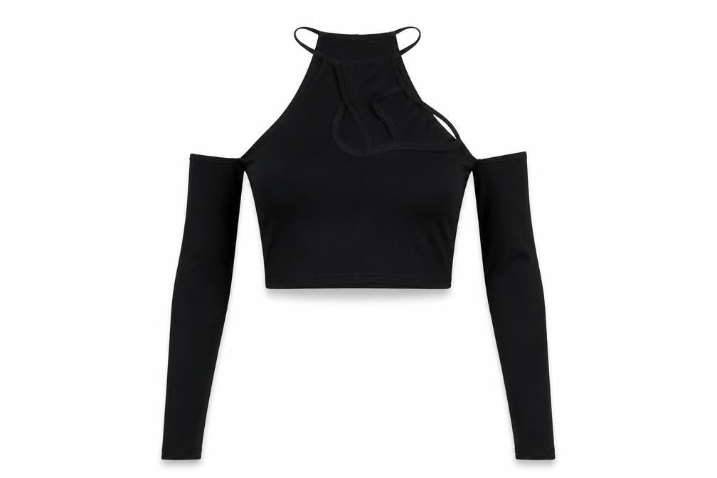 Front view of PRETTYLITTLETHING women’s black polyester cropped blouse, size UK 4, round neck - cut out cold shoulder