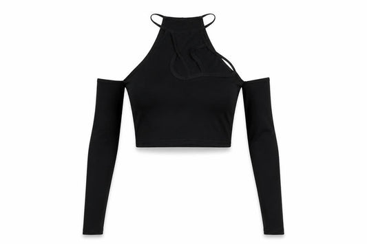 Front view of PRETTYLITTLETHING women’s black polyester cropped blouse, size UK 4, round neck - cut out cold shoulder
