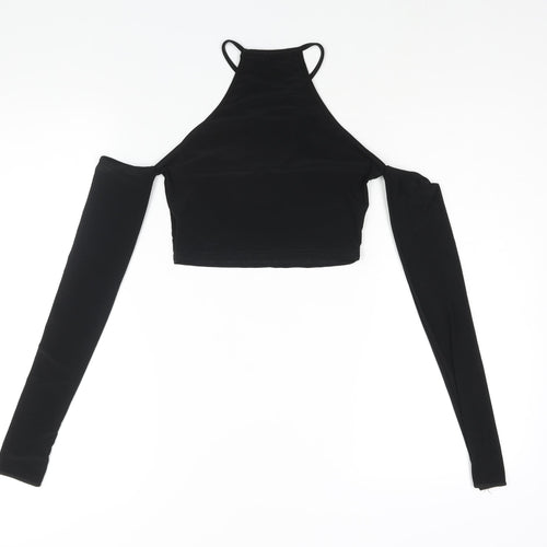 PRETTYLITTLETHING Womens Black Polyester Cropped Blouse Size 4 Round Neck - Cut Out Cold Shoulder