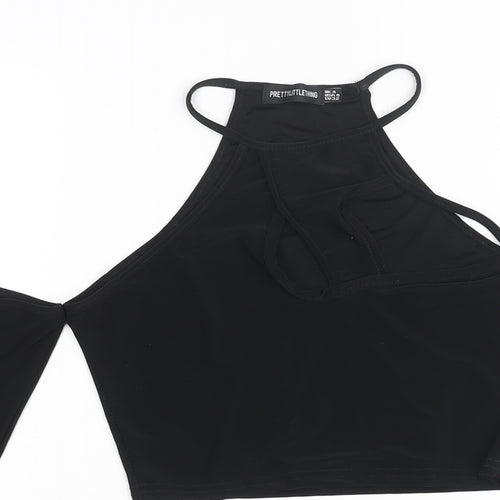 PRETTYLITTLETHING Womens Black Polyester Cropped Blouse Size 4 Round Neck - Cut Out Cold Shoulder