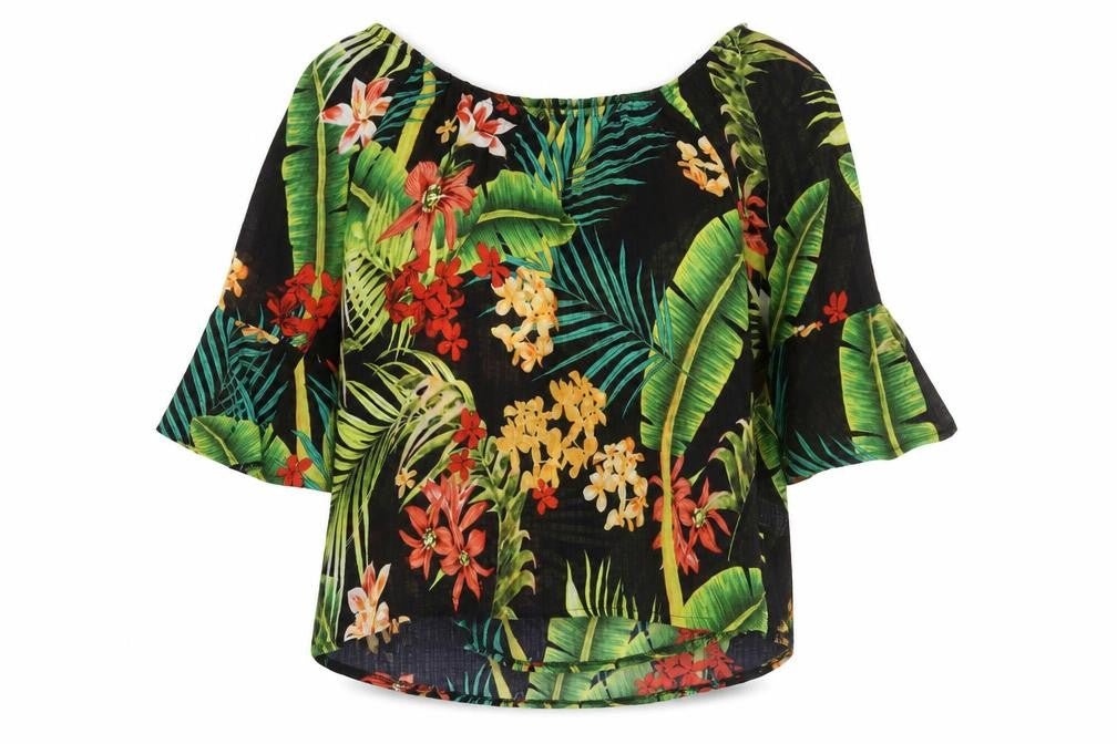 Front view of Roman women’s multicoloured geometric polyester basic blouse, size UK 12, boat neck - plant print