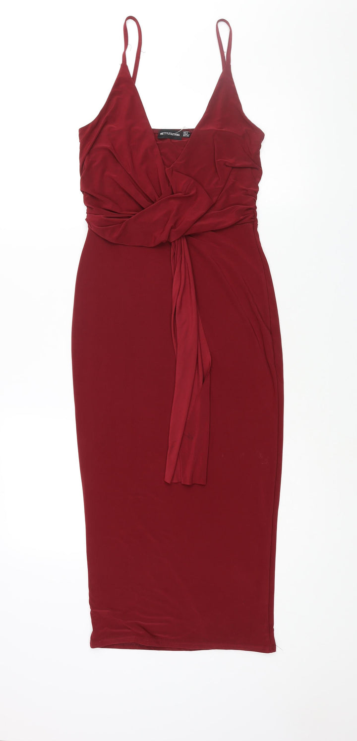 PRETTYLITTLETHING Womens Red Polyester Pencil Dress Size 8 V-Neck Pullover