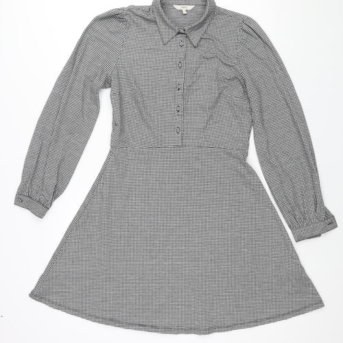 NEXT Womens Black Check Polyester A-Line Size 12 Collared Button