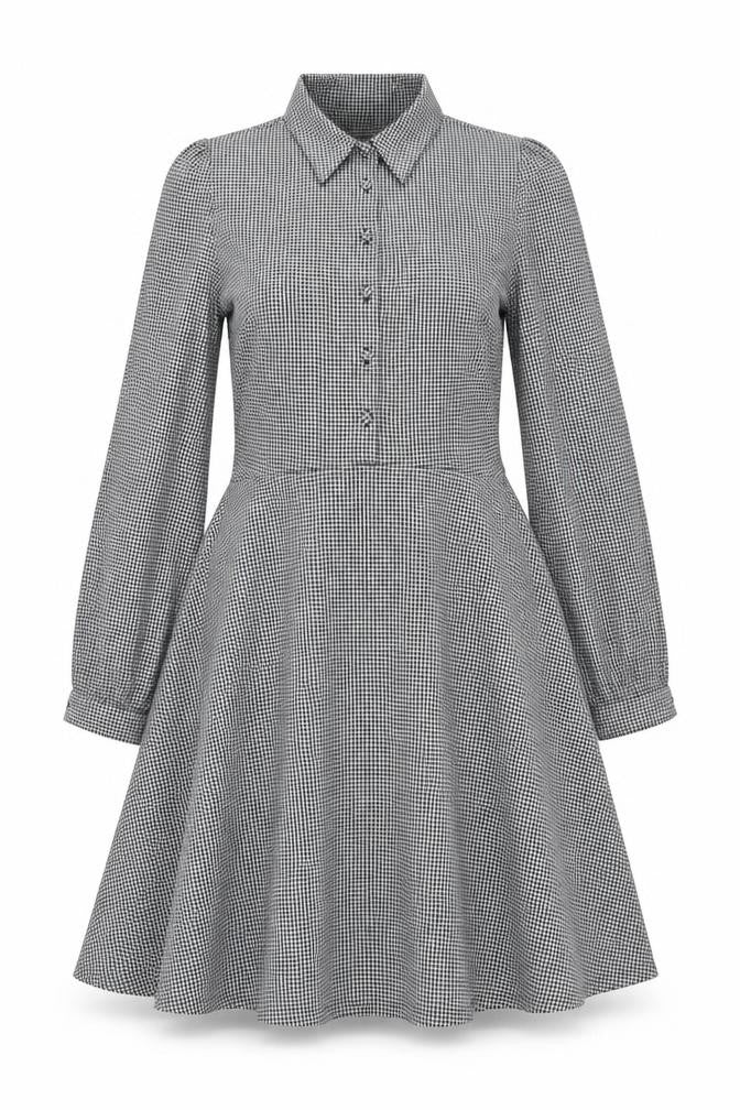 Next Womens Black Check Polyester A-Line Size 12 Collared Button