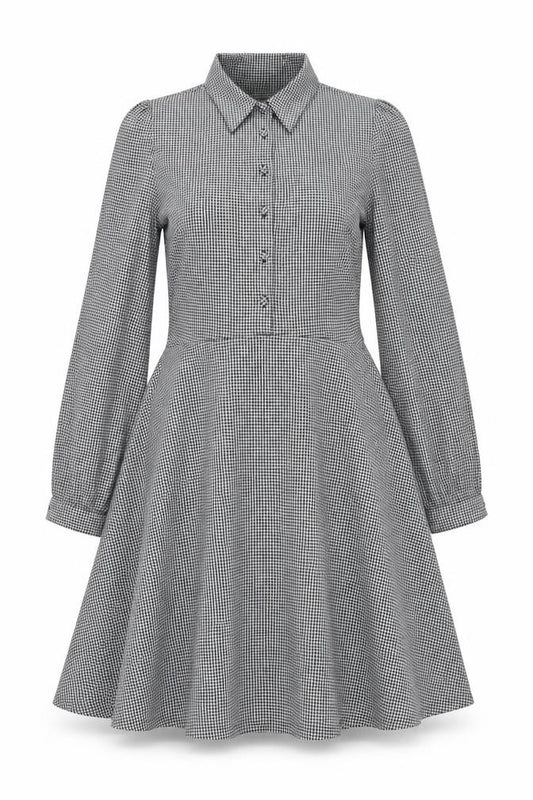 Front view of Next women’s black check polyester a-line, size UK 12, collared button