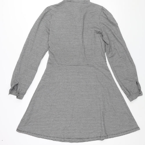 NEXT Womens Black Check Polyester A-Line Size 12 Collared Button
