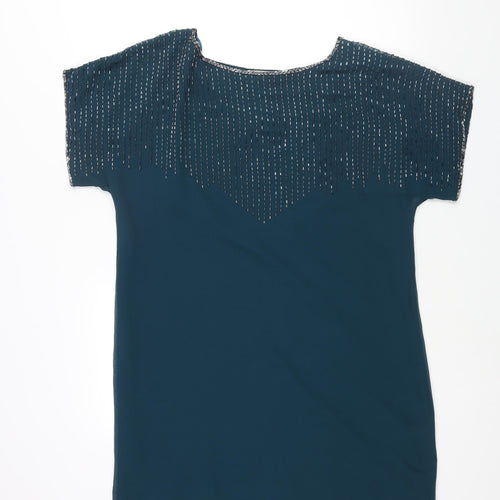 Wallis Womens Blue Polyester Shift Size M Boat Neck Pullover - Beading Detail