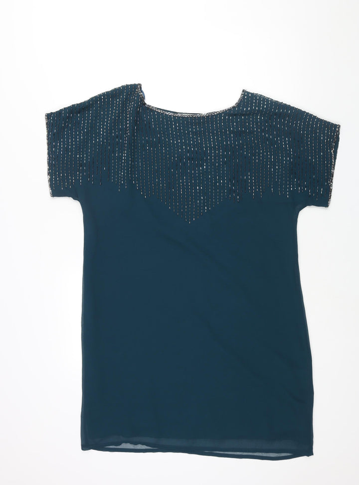 Wallis Womens Blue Polyester Shift Size M Boat Neck Pullover - Beading Detail