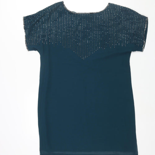Wallis Womens Blue Polyester Shift Size M Boat Neck Pullover - Beading Detail