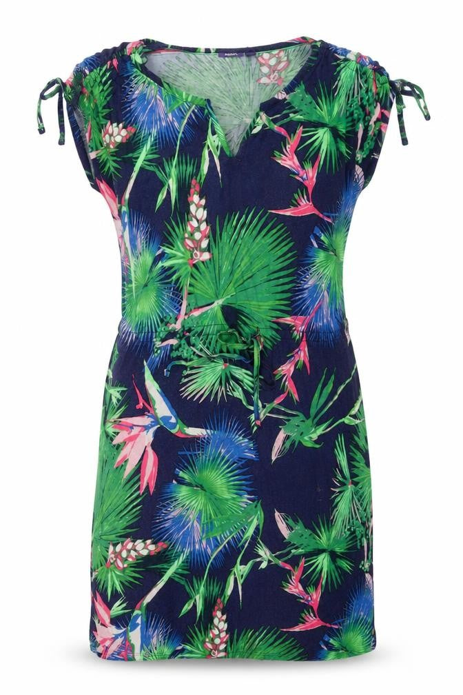 Front view of Mexx women’s multicoloured geometric viscose shift, size M, v-neck pullover - drawstring detail