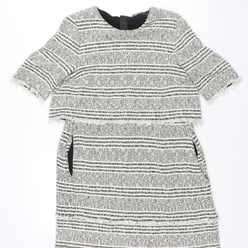 Zara Womens White Geometric Polyester Shift Size M Round Neck Zip - Raw Edge