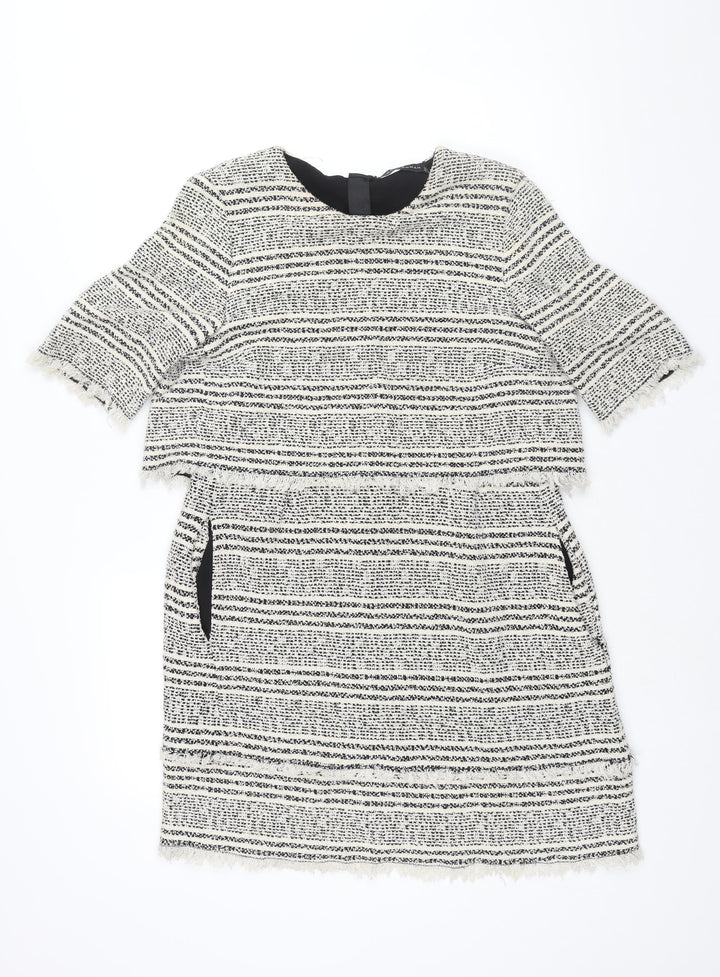 Zara Womens White Geometric Polyester Shift Size M Round Neck Zip - Raw Edge
