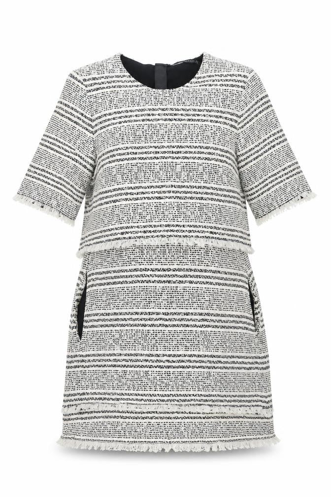 Front view of Zara women’s white geometric polyester shift, size M, round neck zip - raw edge