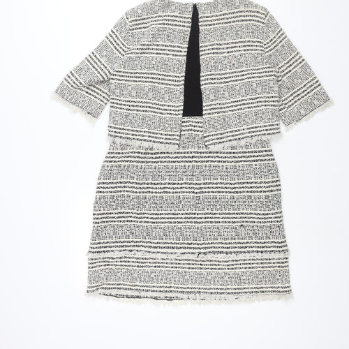 Zara Womens White Geometric Polyester Shift Size M Round Neck Zip - Raw Edge