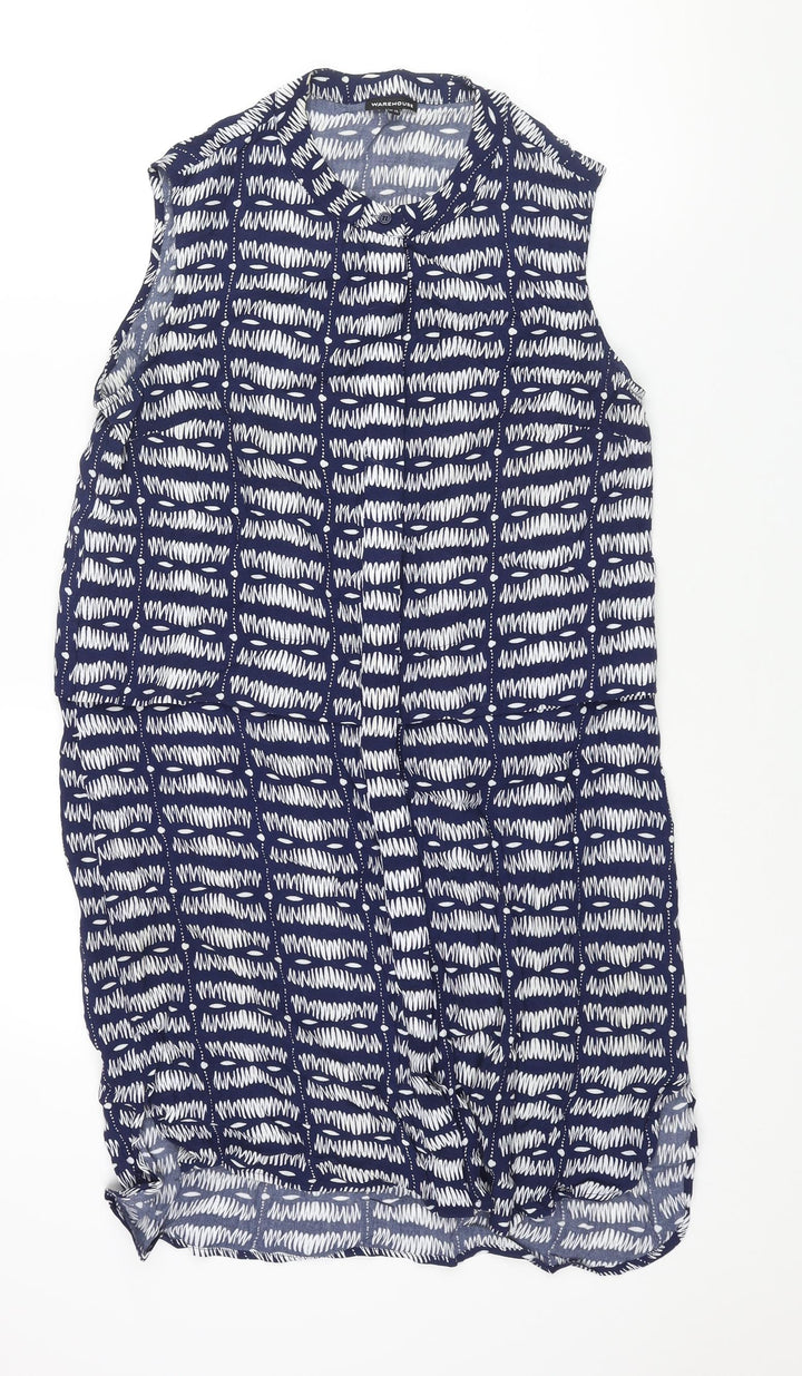 Warehouse Womens Blue Geometric Viscose Shift Size 14 Round Neck Button
