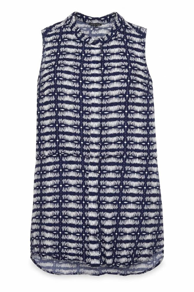 Front view of Warehouse women’s blue geometric viscose shift, size UK 14, round neck button