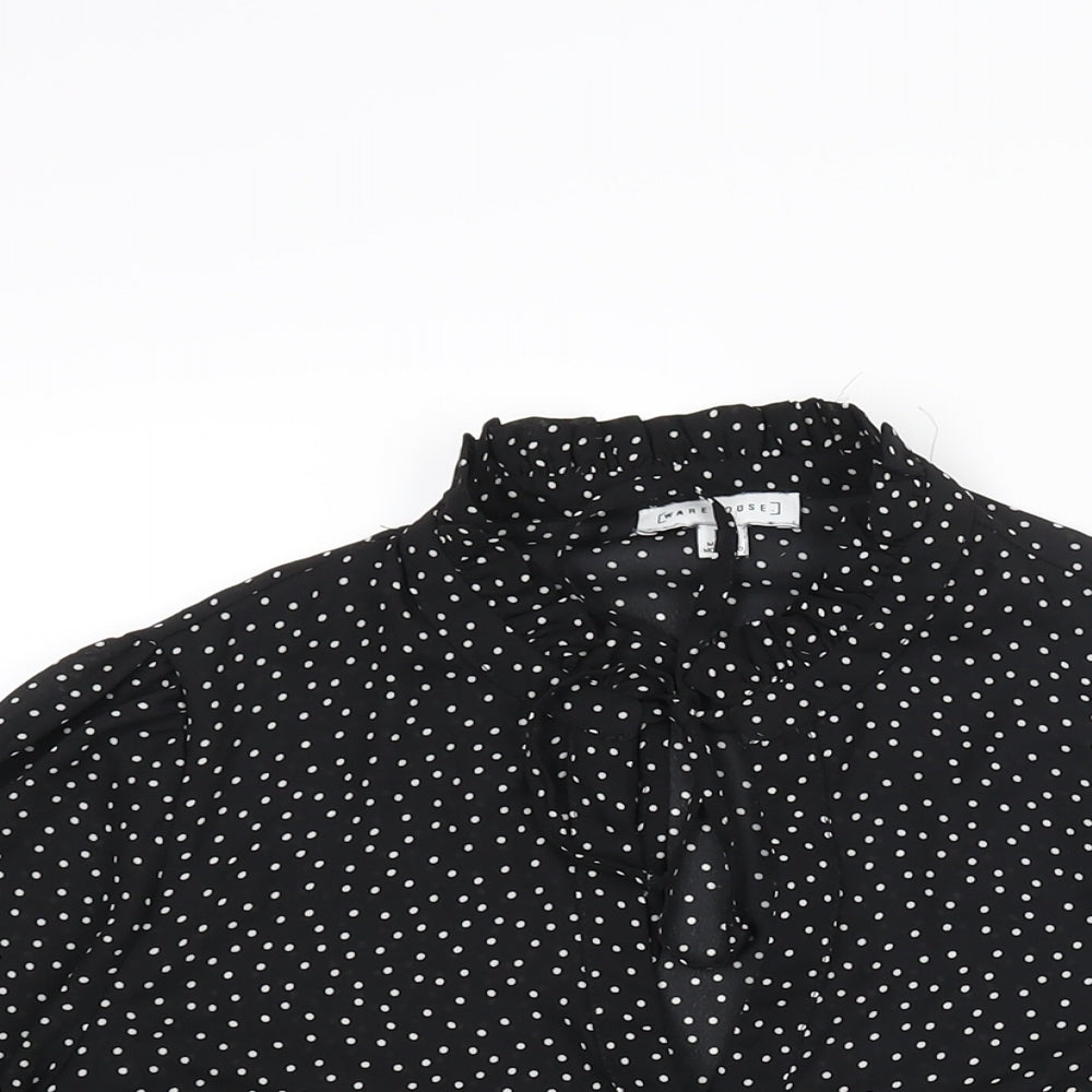 Warehouse Womens Black Polka Dot Polyester Basic Blouse Size 10 Mock Neck - Bow Keyhole Neck