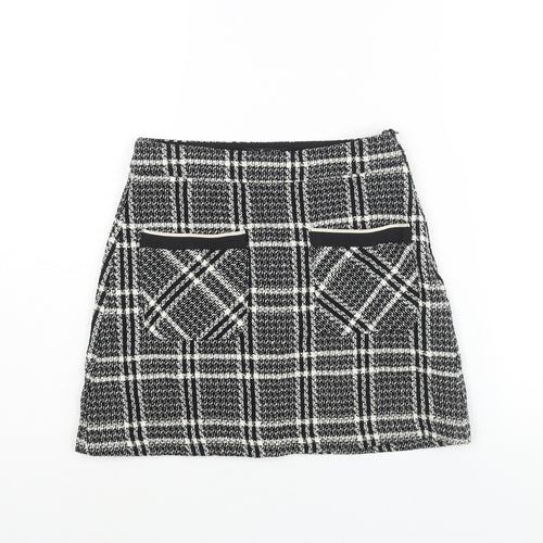 Zara Womens Black Geometric Cotton A-Line Skirt Size XS Zip - Pockets