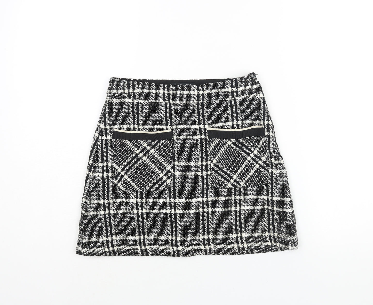Zara Womens Black Geometric Cotton A-Line Skirt Size XS Zip - Pockets