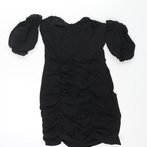 In the Style Womens Black Polyester Mini Size 4 Off the Shoulder Zip - Rouched