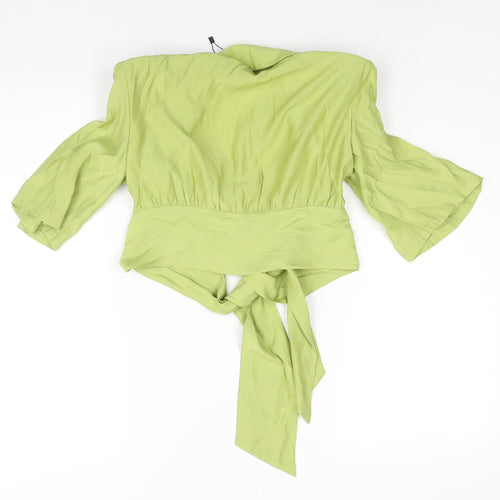 Nasty Gal Womens Green Polyester Basic Blouse Size 10 V-Neck - Shoulder Pads Tie Detail