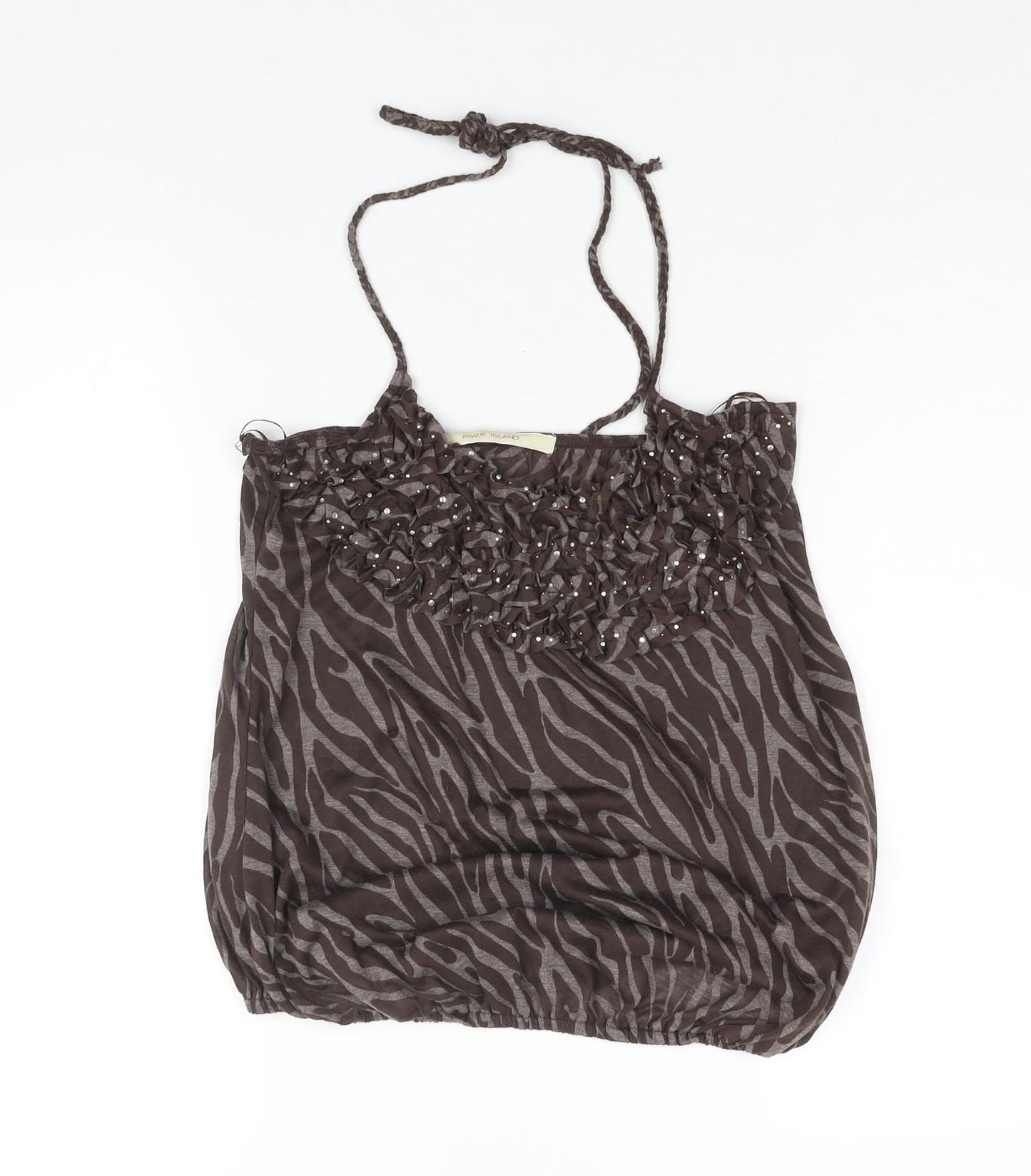 River Island Womens Brown Geometric Viscose Basic Blouse Size 10 Halter - Rhinestone Detail