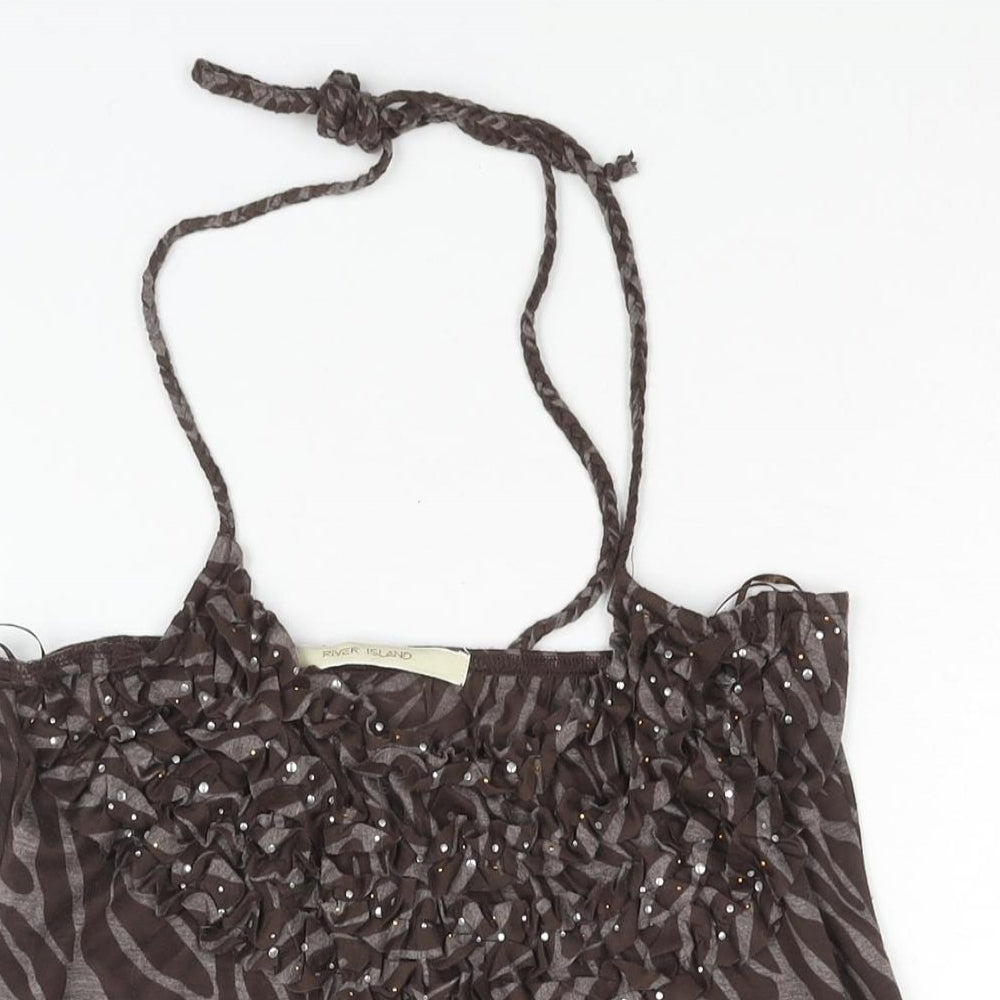 River Island Womens Brown Geometric Viscose Basic Blouse Size 10 Halter - Rhinestone Detail