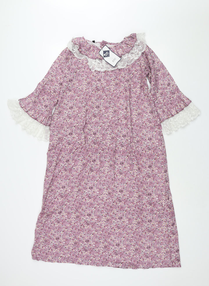 Alice Blue Womens Purple Floral Polyester Shift Size 6 Collared Button - Lace Frill