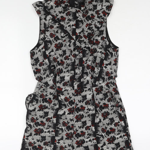Topshop Womens Black Geometric Vinyl Playsuit One-Piece Size 12 Zip - Frill Detail Floral Print