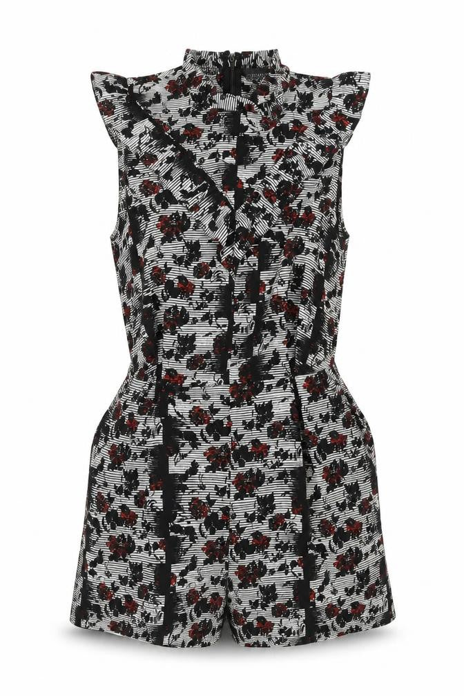 Topshop Womens Black Geometric Vinyl Playsuit One-Piece Size 12 Zip - Frill Detail Floral Print