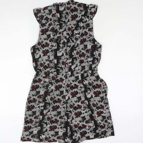 Topshop Womens Black Geometric Vinyl Playsuit One-Piece Size 12 Zip - Frill Detail Floral Print