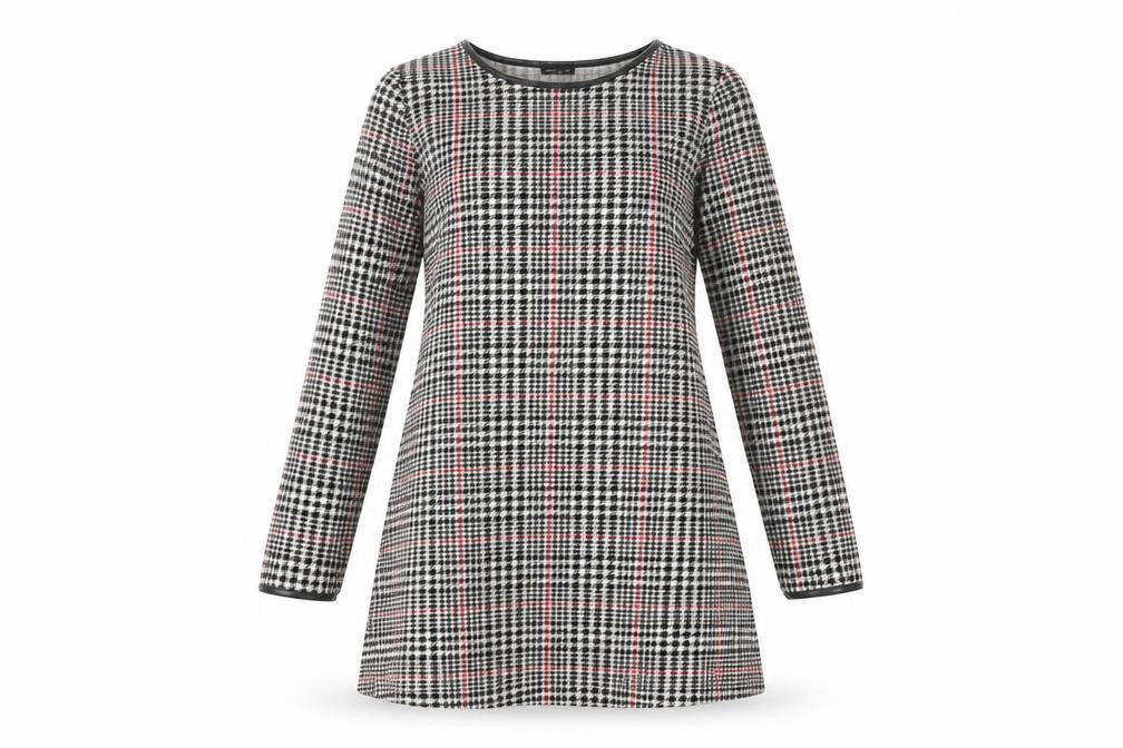 Front view of River Island women’s black houndstooth polyester a-line, size UK 10, round neck pullover